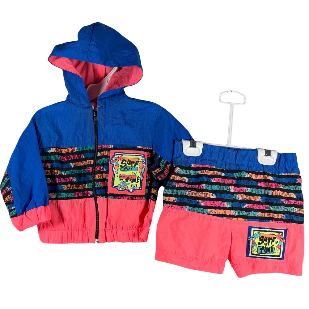 Vintage Surf All The Time Windbreaker Shorts Set Kids 18M Pink Neon 90s Beach